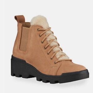 NEW! EILEEN FISHER Calm Suede REAL Shearling Hiker Booties wheat brown p…